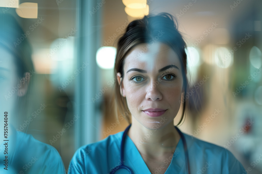 A portrait of a female health care medical worker, blurred background, motion blur, long exposure, bokeh. Created with Generative AI technology. A portrait of a female health care medical worker, blurred background, motion blur, long exposure, bokeh. Created with Generative AI technology.