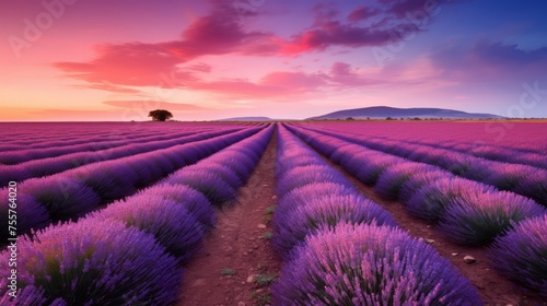 A lavender field in the soft glow of twilight