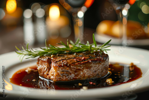 Close-up of a seared beef steak on a plate, seasoned with rosemary and spices, accompanied by tomatoes in the background..
