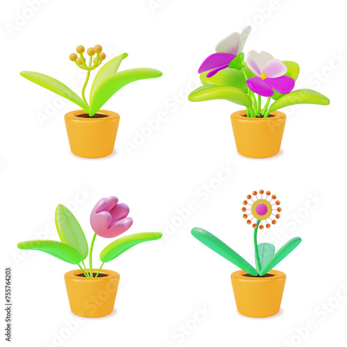 3d Houseplant Concept Pansies and Tulip in Cachepots Set Cartoon Style. Vector illustration