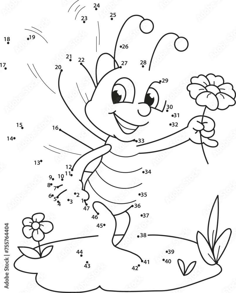 Connect the dots. The Bee. Coloring page outline of the cartoon numbers game. Colorful vector illustration of educational dot to dot game for preschool children, summer coloring book for kids.