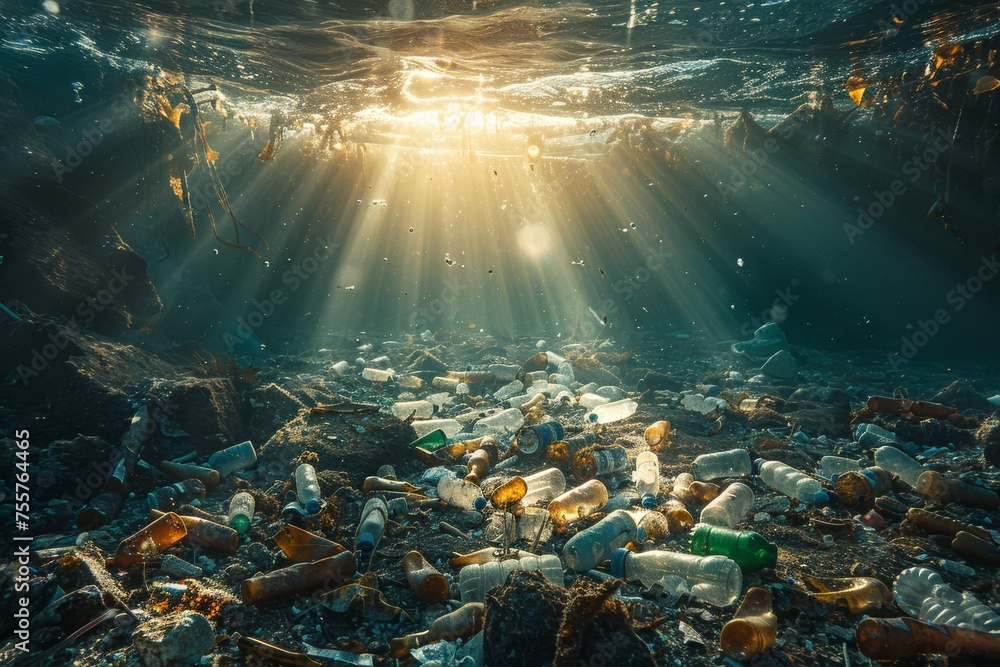 Bottles, cans, and other metallic refuse juxtaposed against the delicate marine ecosystem, wasting litters the ocean floor. Ecological problem  - obrazy, fototapety, plakaty 