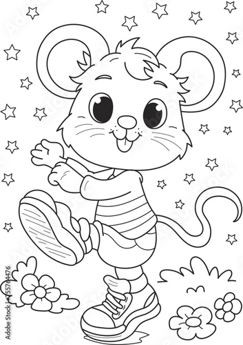 Coloring page outline of cartoon smiling cute mouse with stars. Colorful vector illustration, summer coloring book for kids.