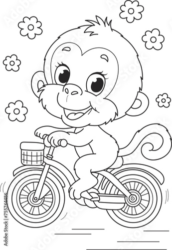 Photography Coloring page outline of the cartoon smiling cute monkey with a bicycle