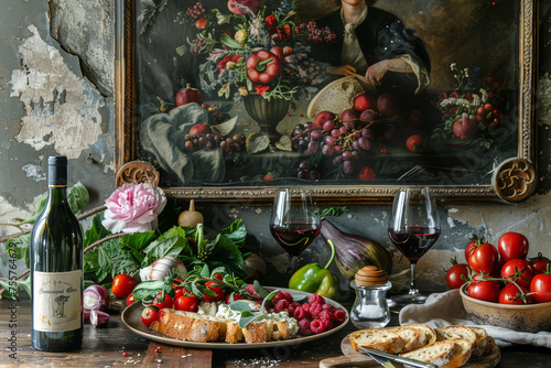 A rustic still life composition featuring a bottle of red wine, glasses, and an array of fresh produce and bread, against a backdrop of a classic painting..