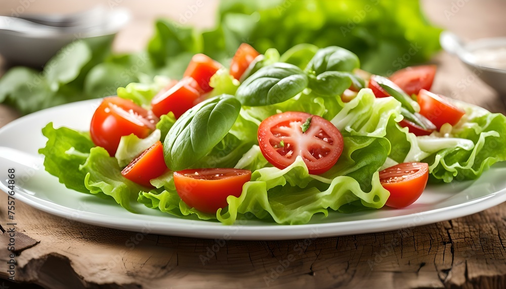 Deep plate with fresh lettuce and tomato salad with basil
Deep plate with fresh lettuce and tomato salad with basil