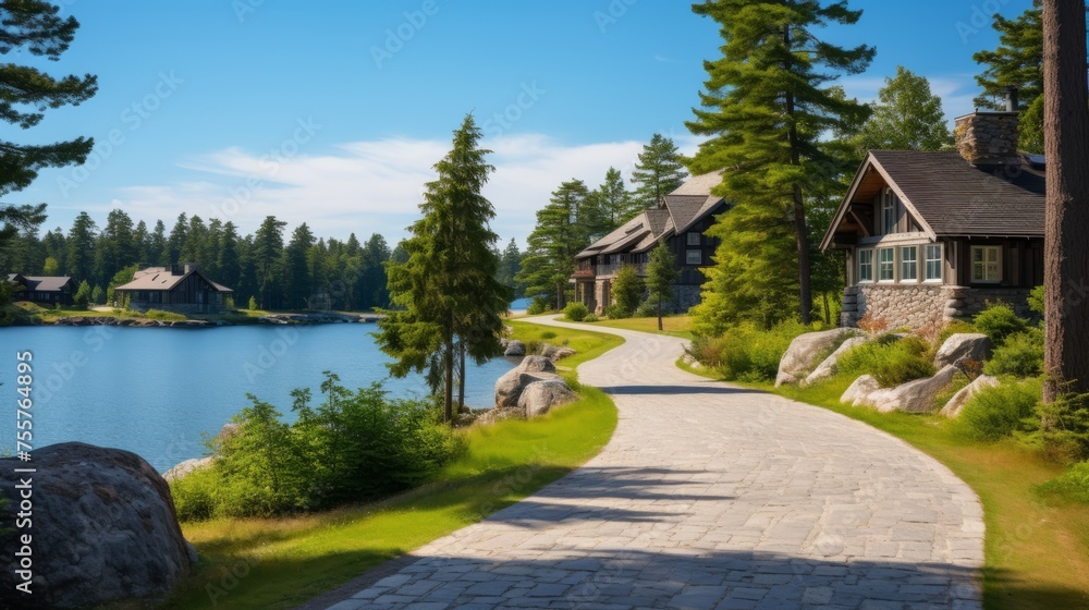 A road leading to a picturesque lakeside lodge