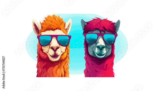 Alpacas wearing sunglasses on a white background, colorful clipart vector illustration