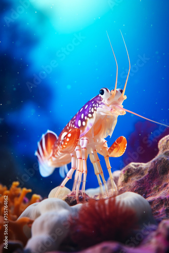 Spotted Cleaner Shrimp on a Vibrant Coral Reef with Deep Blue Sea Background photo
