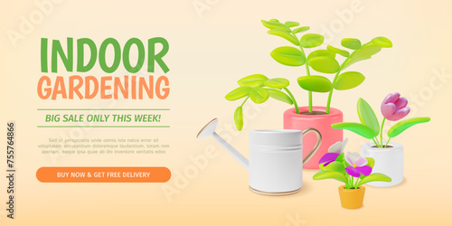 3d Indoor Gardening Big Sale Concept Banner Poster Card Cartoon Style. Vector illustration of Watering Can and Home Plants