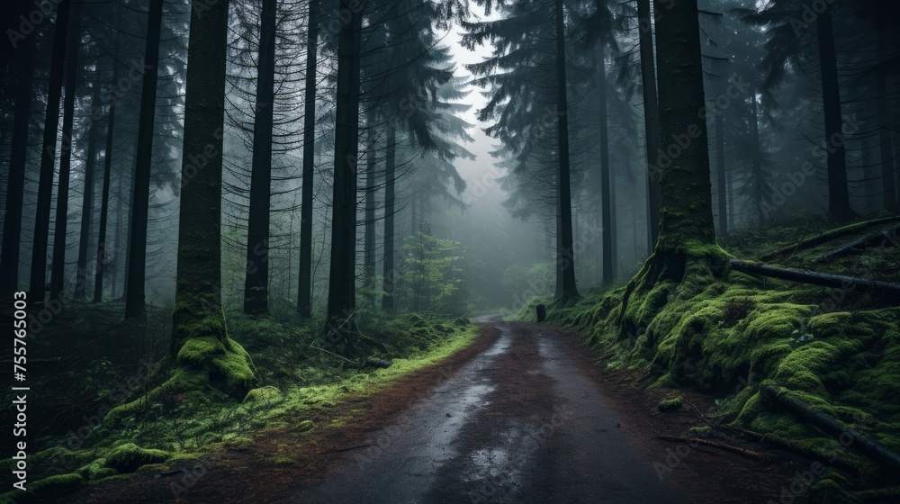 Fototapeta premium A road through a misty, mystical forest