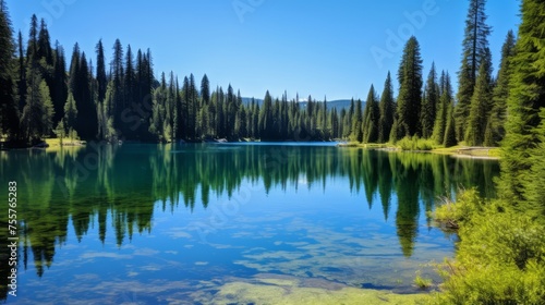 A serene, reflective lake surrounded by evergreen trees © Cloudyew