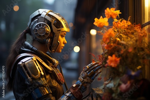 Futuristic robot girl smelling fresh flowers after rain in science fiction concept photo