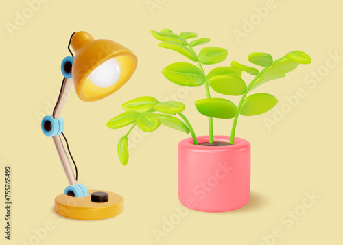 3d Table Lamp with Light Bulb and Home Plant with Green Leaves in Pot Cartoon Style. Vector illustration