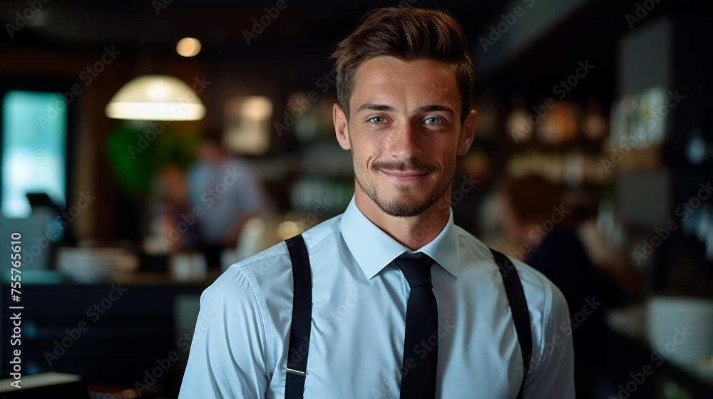 Fototapeta premium Portrait of a shopkeeper. A smiling young adult stands in a grocery store