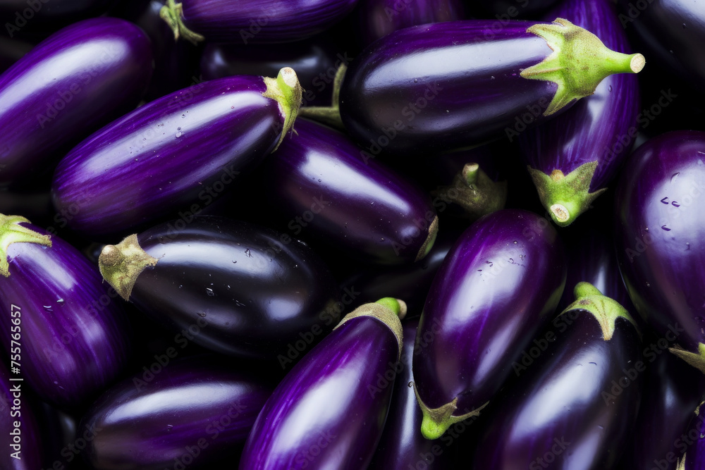 Glossy fresh eggplants in abundant display, rich purple skin contrasting with green stems, wet with water droplets Glossy fresh eggplants in abundant display, rich purple skin contrasting with green stems, wet with water droplets