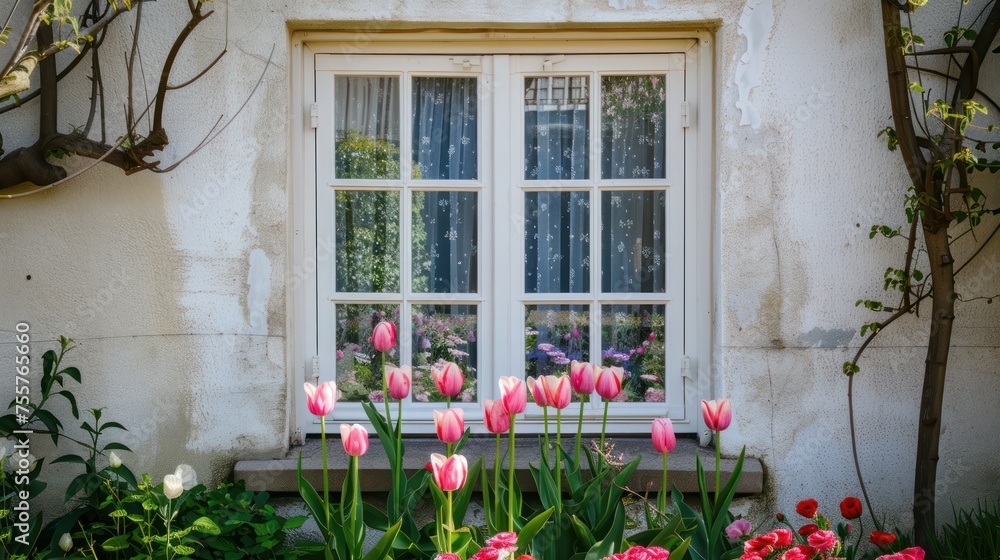 A closed white window. A small cute spring garden with tulips behind it.
