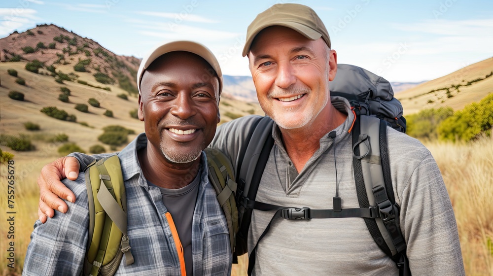 Amidst the rugged terrain, two wise souls venture forth, backpacks laden with stories waiting to be told. Their smiles illuminate the path as they conquer mountains and create lasting memories.