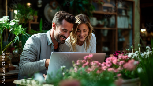 Elegant, attractive couple exchanging glances over a laptop in a cozy bright. photo