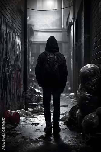 Dark Urban Alleyway Roaming Hooded Criminal Carrying Stolen Goods