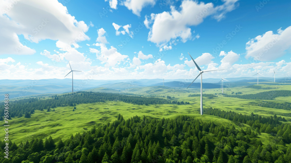 A harmonious scene of wind turbines generating eco-friendly electricity amid expansive fields and lush forest A harmonious scene of wind turbines generating eco-friendly electricity amid expansive fields and lush forest
