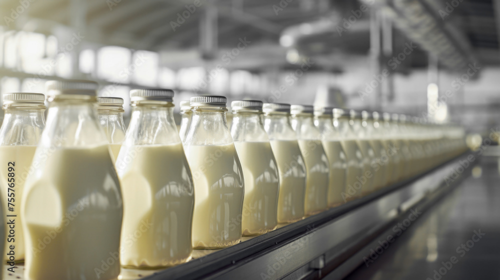 The industrial process of milk production at a factory, showcasing the modern methods and machinery The industrial process of milk production at a factory, showcasing the modern methods and machinery