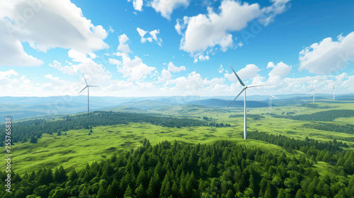 A harmonious scene of wind turbines generating eco-friendly electricity amid expansive fields and lush forest