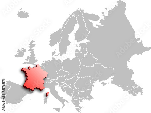 map of FRANCE with the countries of EUROPE 3d isometric