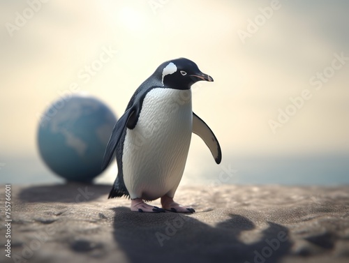 penguin on the background of planet earth. World Penguin Day. protecting animals.