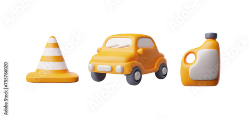 Repair transport service icon set, orange car, canister of motor oil, traffic cone realistic 3d vector automobile tools