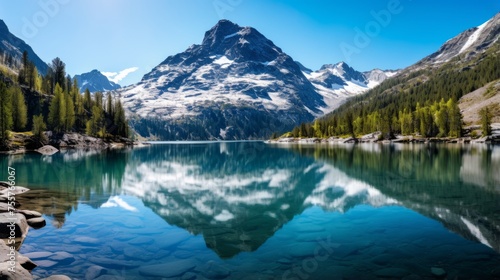 A tranquil mountain lake with a mirrored surface