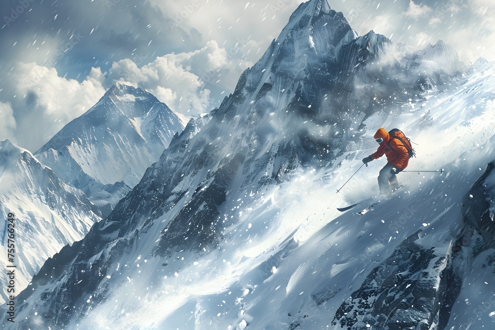 Skier Navigating Alpine Landscape with Snow-Capped Peaks A Graceful Dance with Winters Beauty Skier Navigating Alpine Landscape with Snow-Capped Peaks A Graceful Dance with Winters Beauty