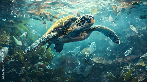 Sea Turtle Swims Through Ocean Full of Plastic Waste A Striking Reminder of Marine Life Under Stress © vanilnilnilla
