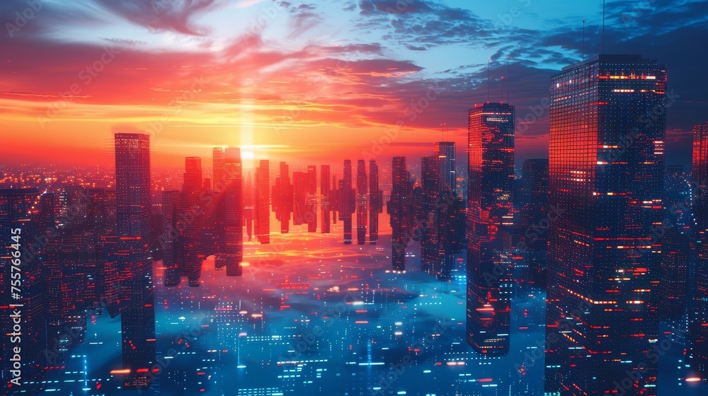 Skyscrapers of a smart city at sunset.