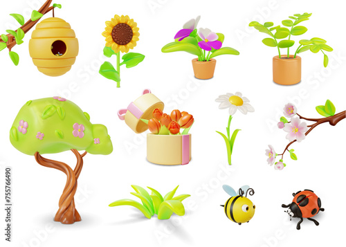 3d Spring Set Cartoon Style Blooming Tree , Bee, Ladybug Insect, Butterfly, Sakura Branch and Pansies Flowerpot. Vector illustration