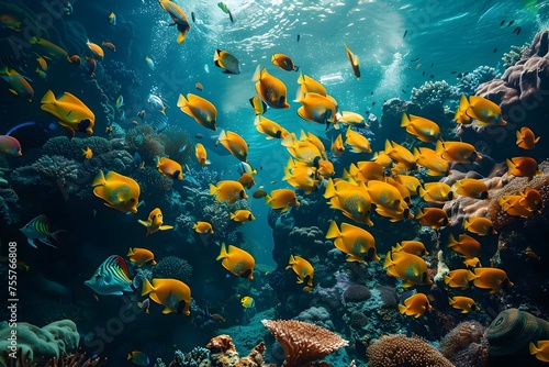 Vibrant Tropical Fish School Dart Among Coral Reefs A Dazzling Underwater Spectacle