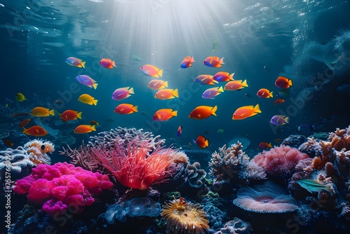 Vibrant Schools of Tropical Fish Dart Amongst Stunning Coral Reefs © TEERAWAT