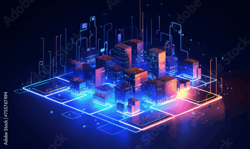 A cityscape is shown in a blue and neon color scheme