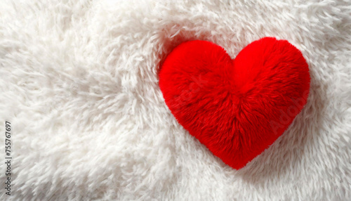 Closeup of a red fluffy heart on a white soft carpet. Tender love concept. Generative Ai.