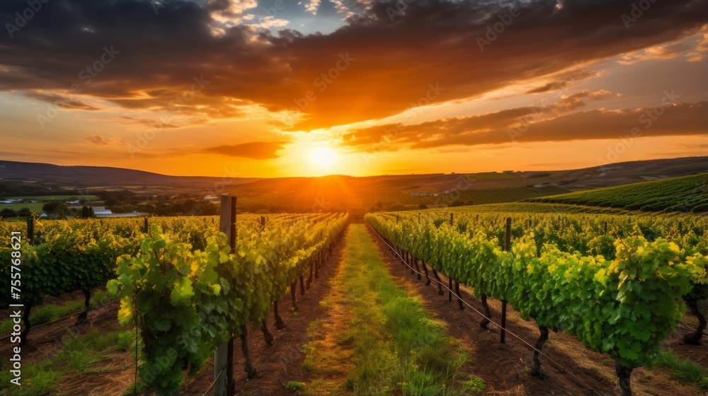 Peaceful vineyard with rows of grapevines during sunset Peaceful vineyard with rows of grapevines during sunset
