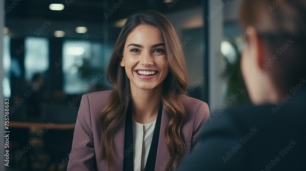 Obraz premium Beautiful Businesswoman smiling having a meeting interview wearing a suit and formal clothes