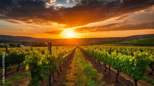 Peaceful vineyard with rows of grapevines during sunset