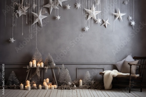 Magical room filled with candles and stars hanging from the ceiling