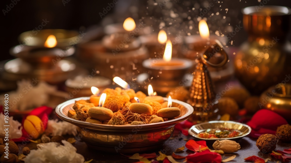 Diwali puja with offerings and incense Diwali puja with offerings and incense