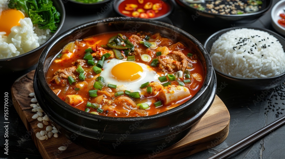 Sundubu Jjigae on a black background, Korean Cuisine 