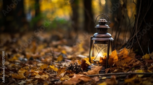 Fallen leaves around a vintage lantern