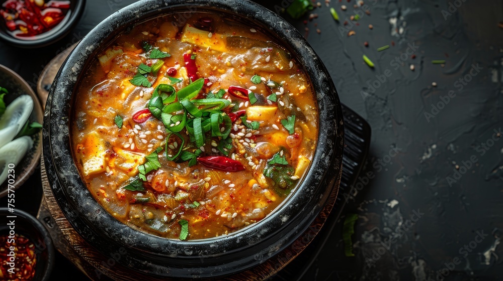 Sundubu Jjigae on a black background, Korean Cuisine Sundubu Jjigae on a black background, Korean Cuisine