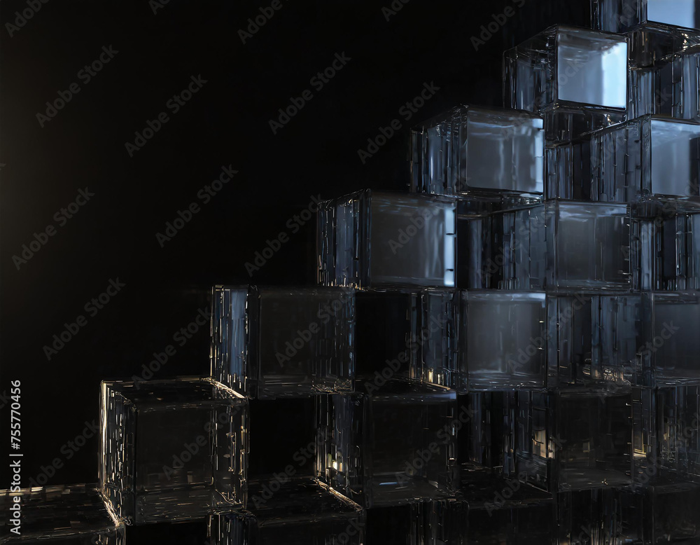 black and glass blocks, 3D rendering, black background, texture, graphic design black and glass blocks, 3D rendering, black background, texture, graphic design