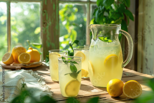 Fresh homemade lemonade with lemon, mint and ice on the kitchen table next to the window