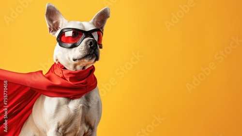Dog super hero costume with a red mask for carnival party isolated yellow background, generative ai